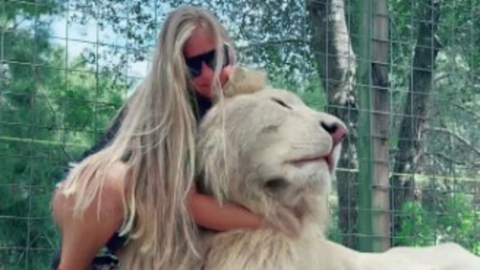 ‘Not for faint-hearted’: Woman cuddles massive white lion, internet stunned. Watch